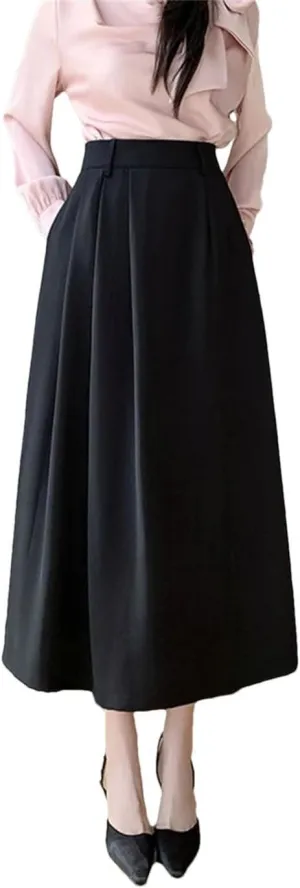 Women Korean Style Elegant Long Skirt Summer Fashion Work Office Big Swing A-Line Midi Skirts