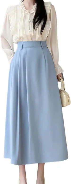 Women Korean Style Elegant Long Skirt Summer Fashion Work Office Big Swing A-Line Midi Skirts