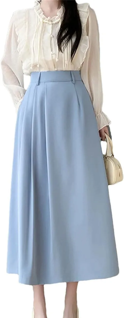Women Korean Style Elegant Long Skirt Summer Fashion Work Office Big Swing A-Line Midi Skirts