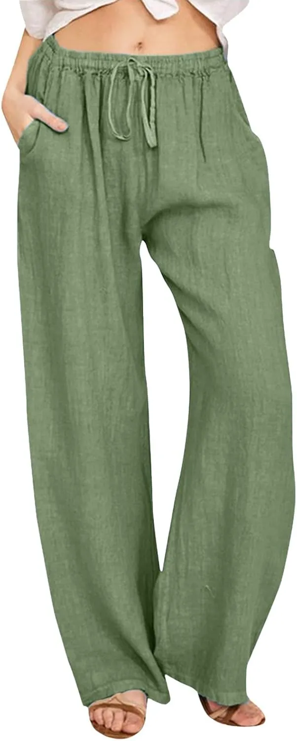 Women Linen Blend Summer Casual Flowy Pants Elastic Waist Wide Leg Loose Fit Trousers Vacation