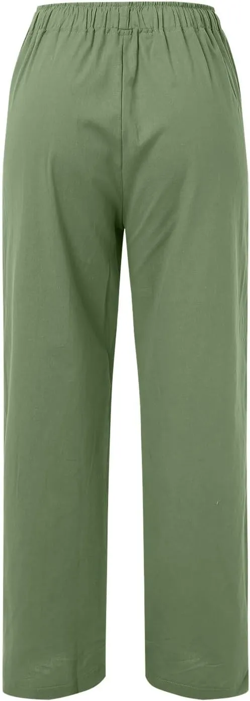 Women Linen Blend Summer Casual Flowy Pants Elastic Waist Wide Leg Loose Fit Trousers Vacation