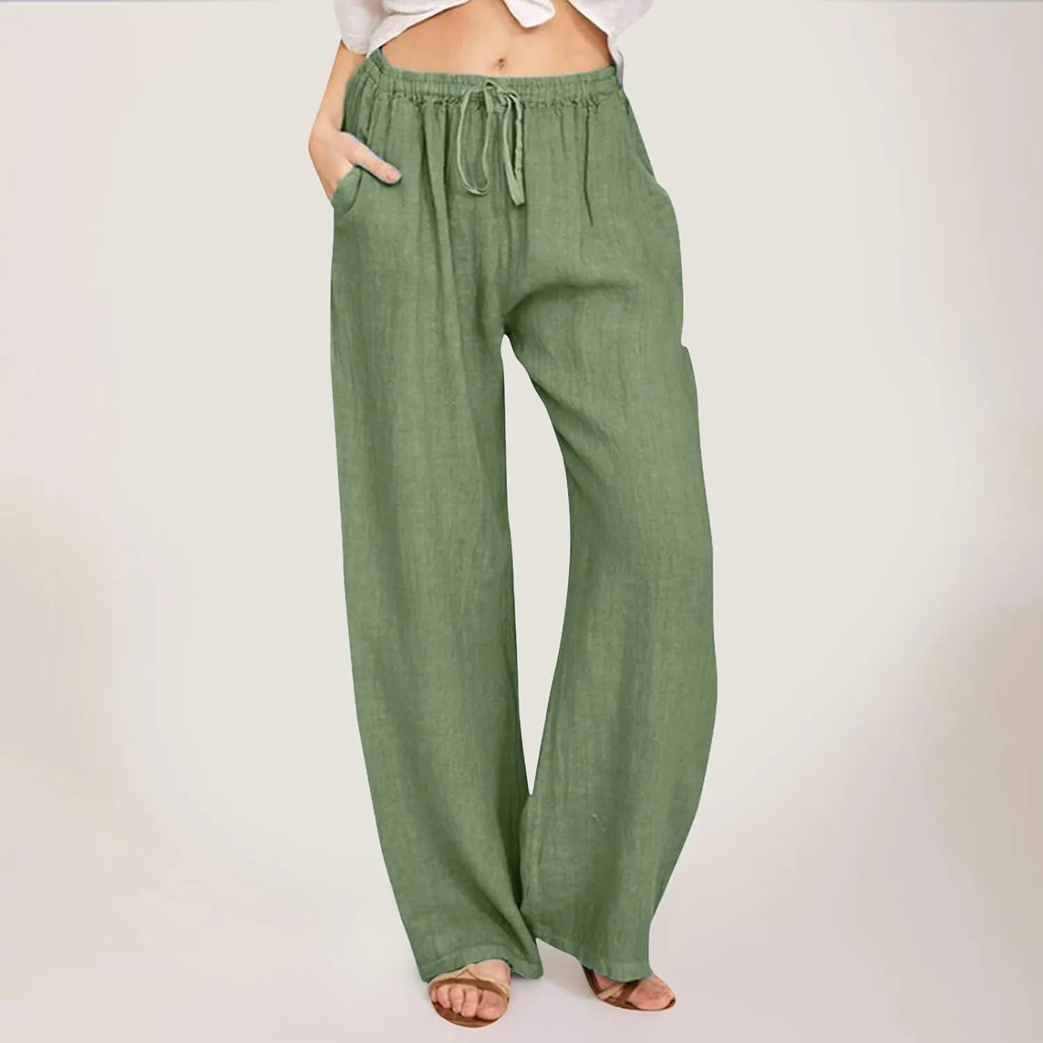 Women Linen Blend Summer Casual Flowy Pants Elastic Waist Wide Leg Loose Fit Trousers Vacation