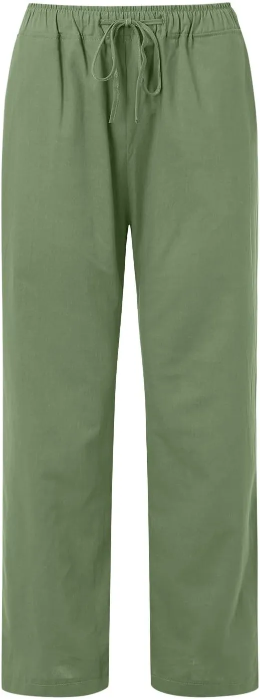 Women Linen Blend Summer Casual Flowy Pants Elastic Waist Wide Leg Loose Fit Trousers Vacation