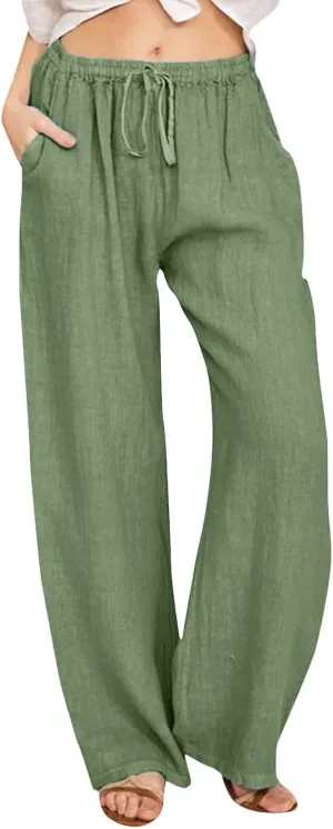 Women Linen Blend Summer Casual Flowy Pants Elastic Waist Wide Leg Loose Fit Trousers Vacation