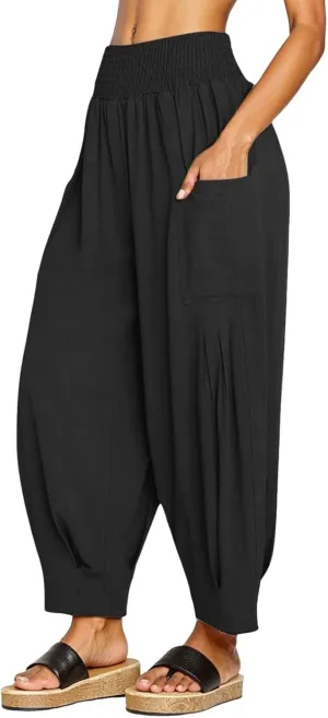 Women Linen Boho Pants Baggy Harem Pants Summer Loose Wide Leg Trousers High Waisted Beach Vacation Pant