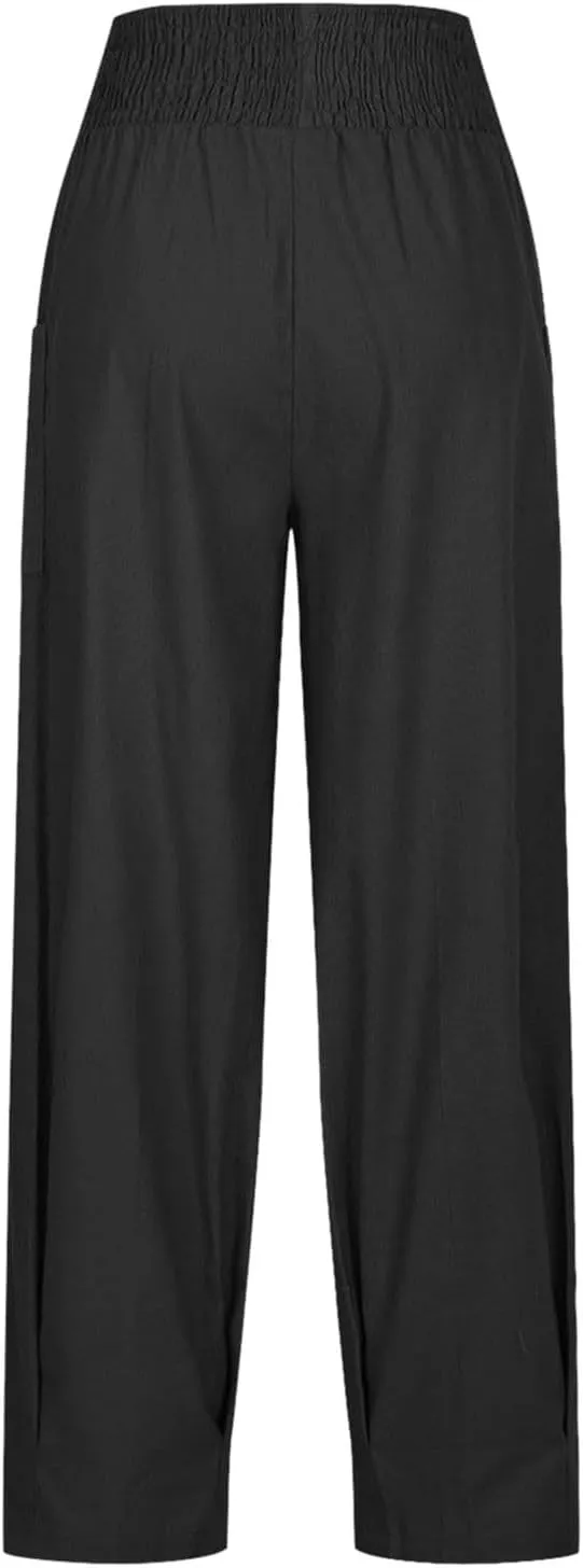 Women Linen Boho Pants Baggy Harem Pants Summer Loose Wide Leg Trousers High Waisted Beach Vacation Pant