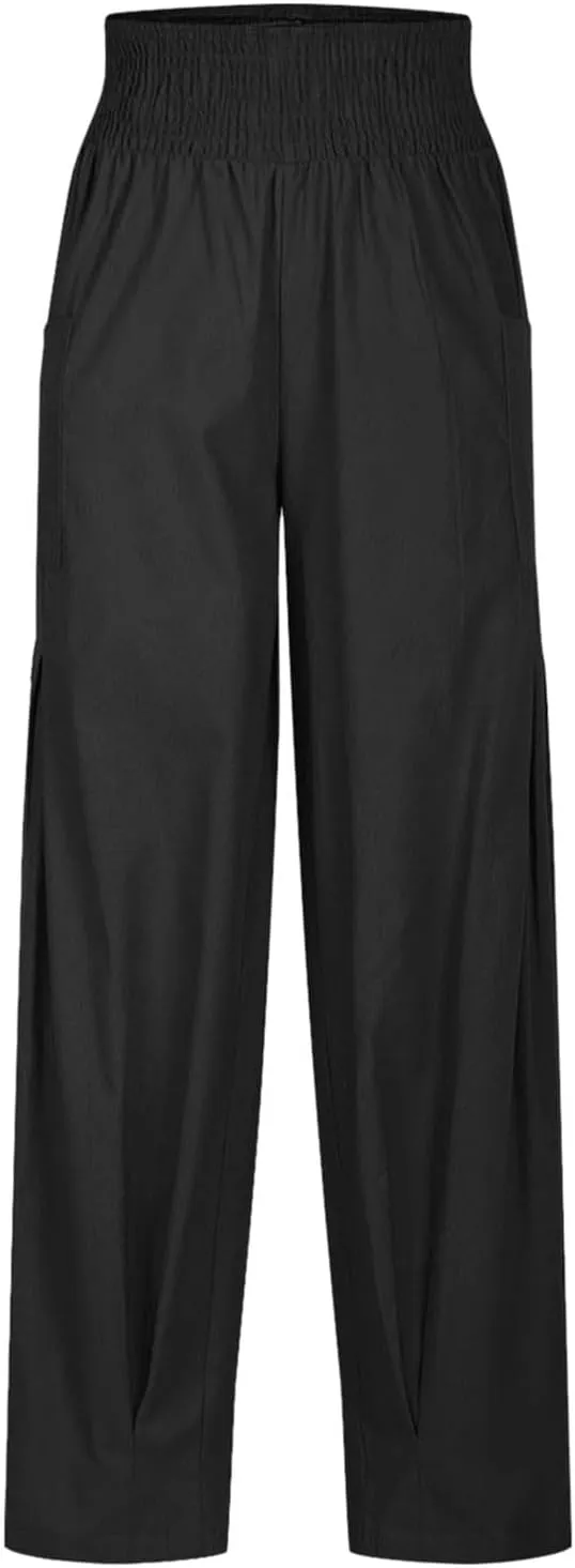 Women Linen Boho Pants Baggy Harem Pants Summer Loose Wide Leg Trousers High Waisted Beach Vacation Pant