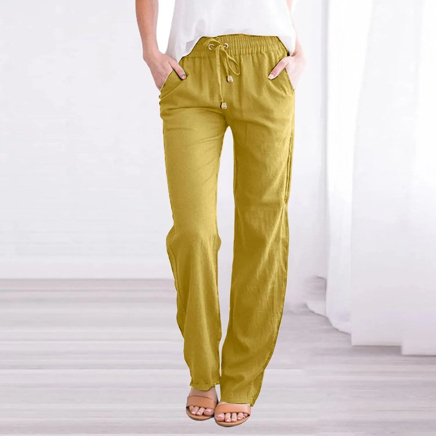 Women Linen Pants Pants Summer Wide Leg Solid Casual Linen Drawstring Cropped with Pockets Lounge