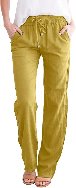 Women Linen Pants Pants Summer Wide Leg Solid Casual Linen Drawstring Cropped with Pockets Lounge