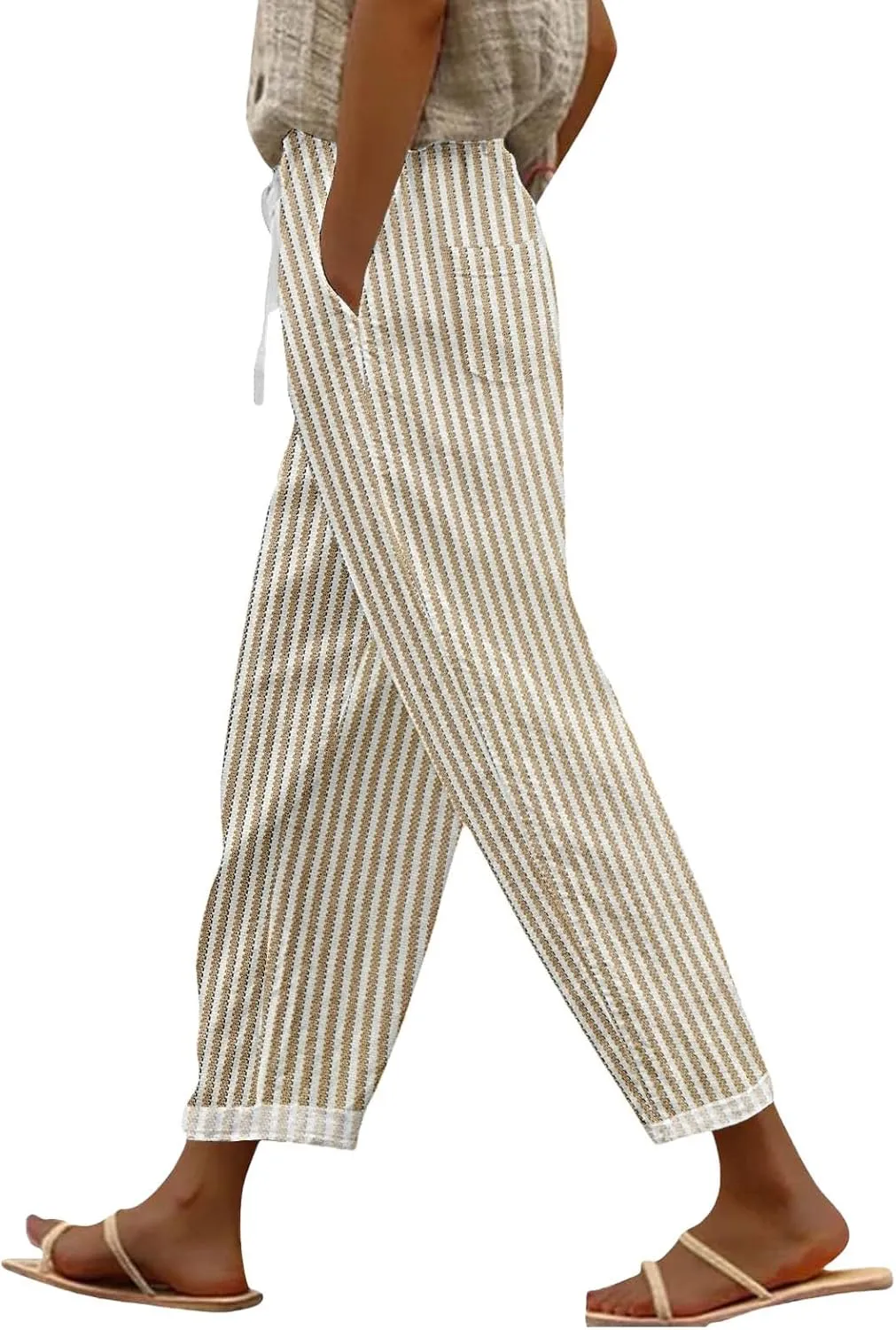 Women Linen Pants Summer Pure High Waist Lounge Bohemian Petite Trousers Trendy Outfit with Pockets