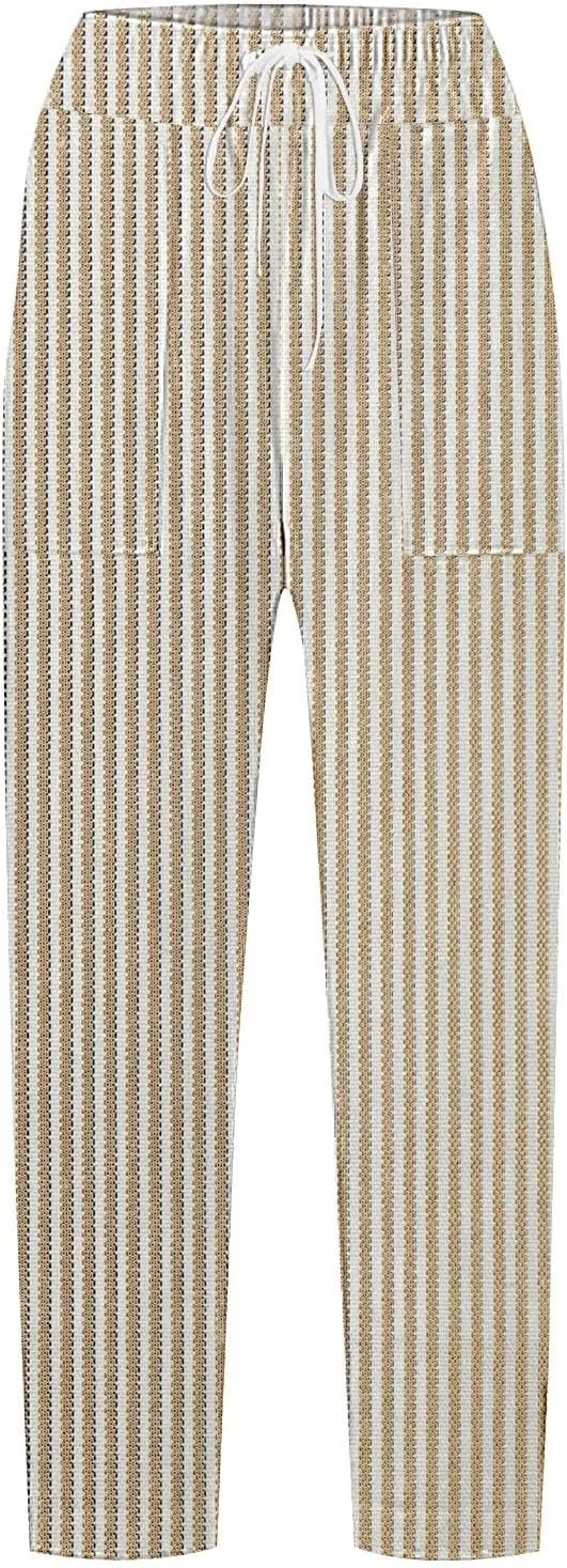 Women Linen Pants Summer Pure High Waist Lounge Bohemian Petite Trousers Trendy Outfit with Pockets