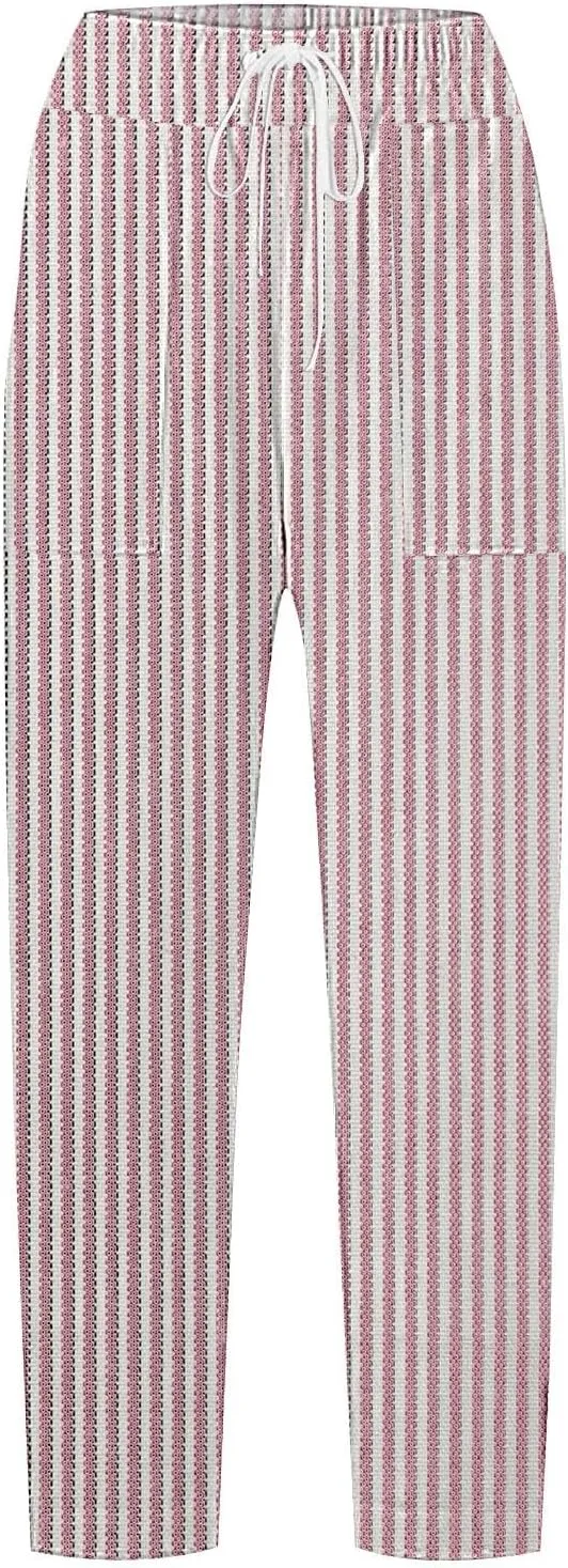 Women Linen Pants Summer Pure High Waist Lounge Bohemian Petite Trousers Trendy Outfit with Pockets
