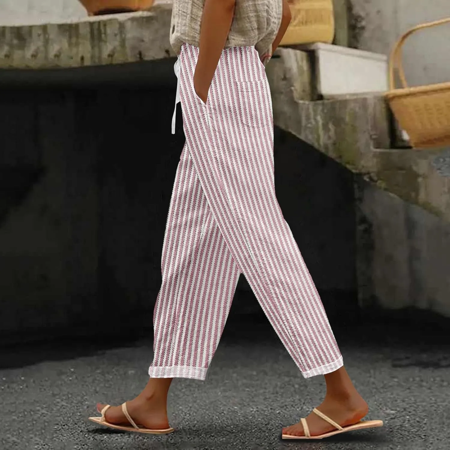 Women Linen Pants Summer Pure High Waist Lounge Bohemian Petite Trousers Trendy Outfit with Pockets