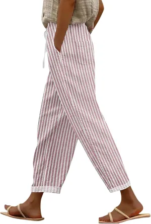 Women Linen Pants Summer Pure High Waist Lounge Bohemian Petite Trousers Trendy Outfit with Pockets