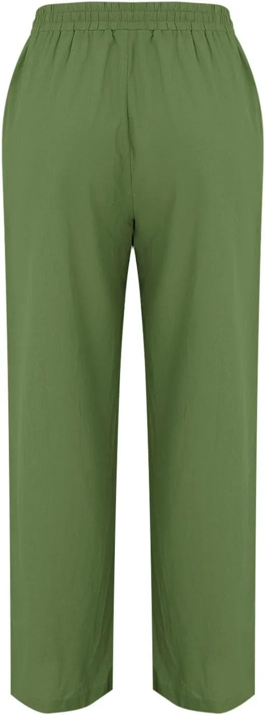 Women Linen Pants Summer Trouser Pant Cotton Blend Drawstring Elastic Waist Pocket Long Wide Leg Linen Pants Women