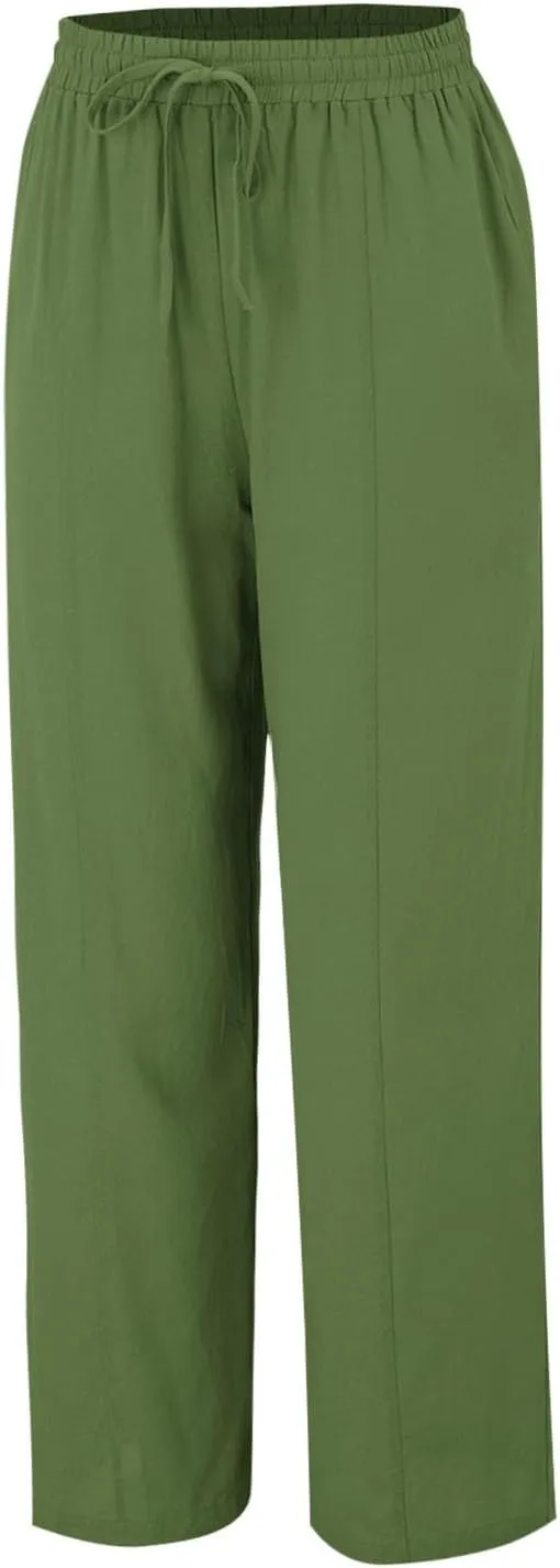 Women Linen Pants Summer Trouser Pant Cotton Blend Drawstring Elastic Waist Pocket Long Wide Leg Linen Pants Women