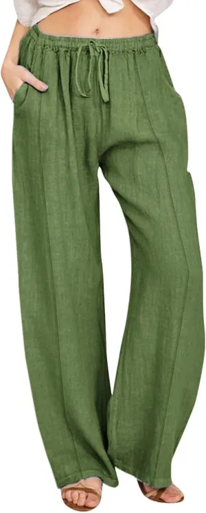 Women Linen Pants Summer Trouser Pant Cotton Blend Drawstring Elastic Waist Pocket Long Wide Leg Linen Pants Women