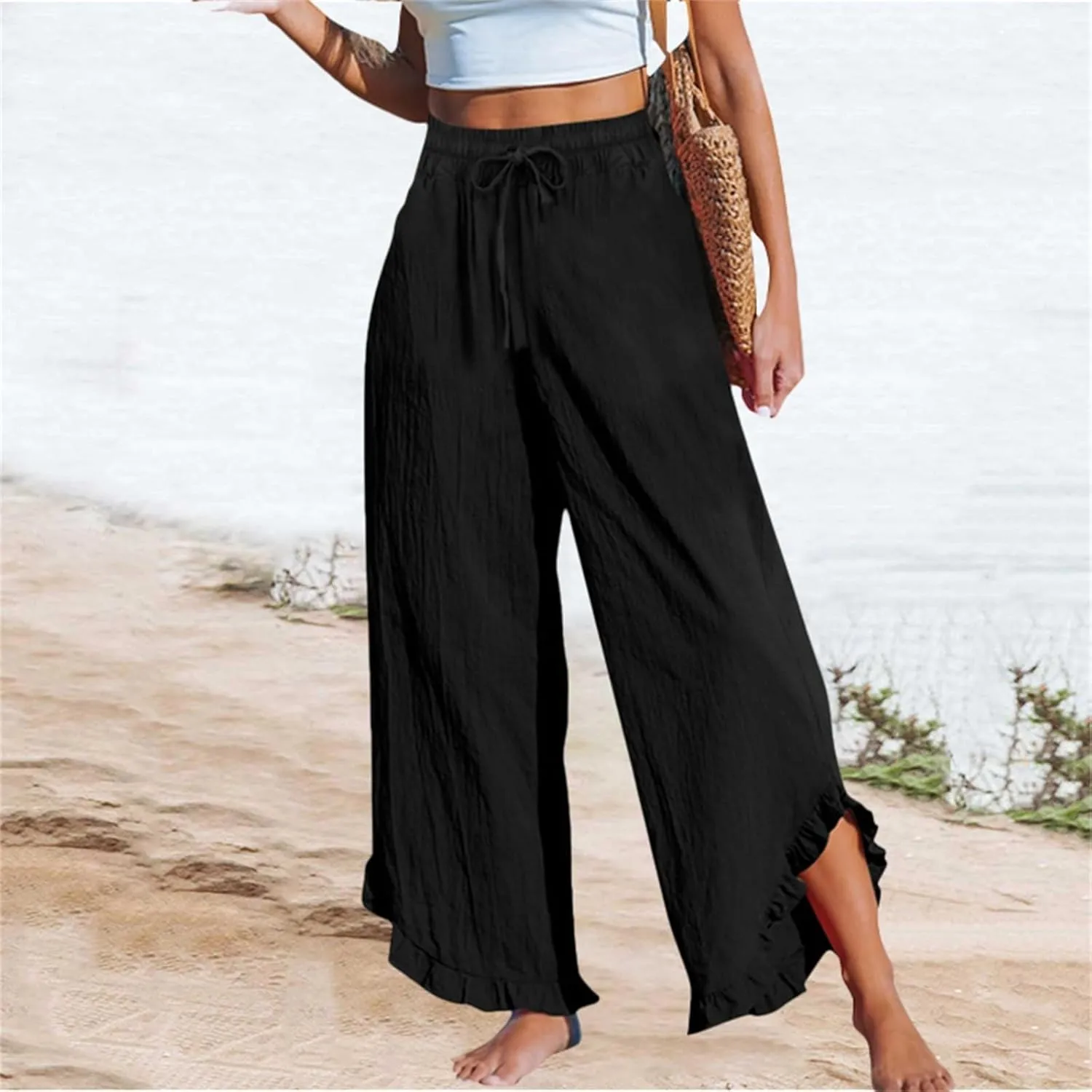 Women Linen Pants Summer Wide Leg Pants Drawstring Waist Ruffle Hem Palazzo Pant Boho Flowy Beach Pants with Pockets