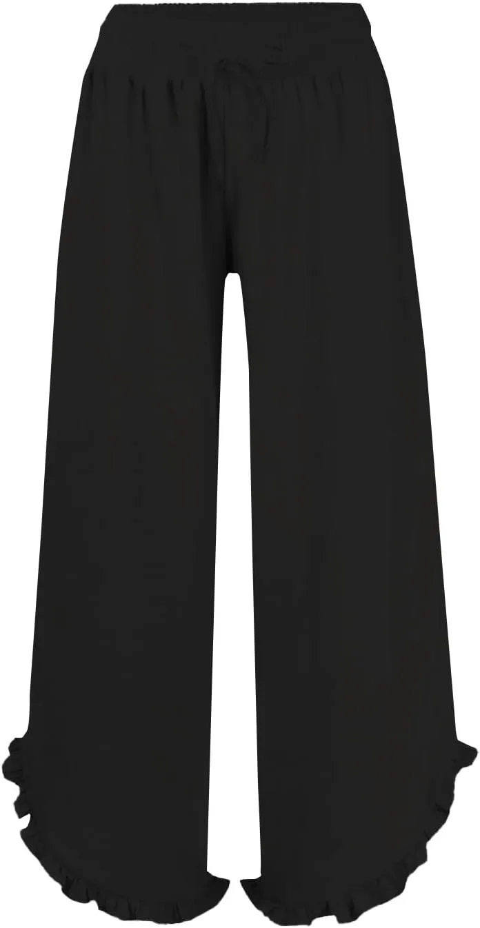 Women Linen Pants Summer Wide Leg Pants Drawstring Waist Ruffle Hem Palazzo Pant Boho Flowy Beach Pants with Pockets
