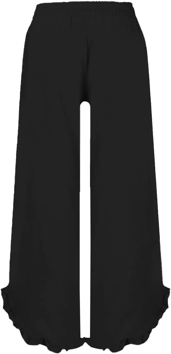 Women Linen Pants Summer Wide Leg Pants Drawstring Waist Ruffle Hem Palazzo Pant Boho Flowy Beach Pants with Pockets
