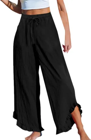 Women Linen Pants Summer Wide Leg Pants Drawstring Waist Ruffle Hem Palazzo Pant Boho Flowy Beach Pants with Pockets