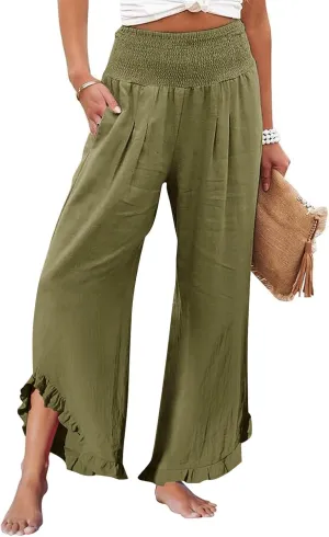 Women Linen Pants Summer Wide Leg Smocked Waist Ruffle Hem Palazzo Pant Boho Flowy Beach Trousers with Pocket