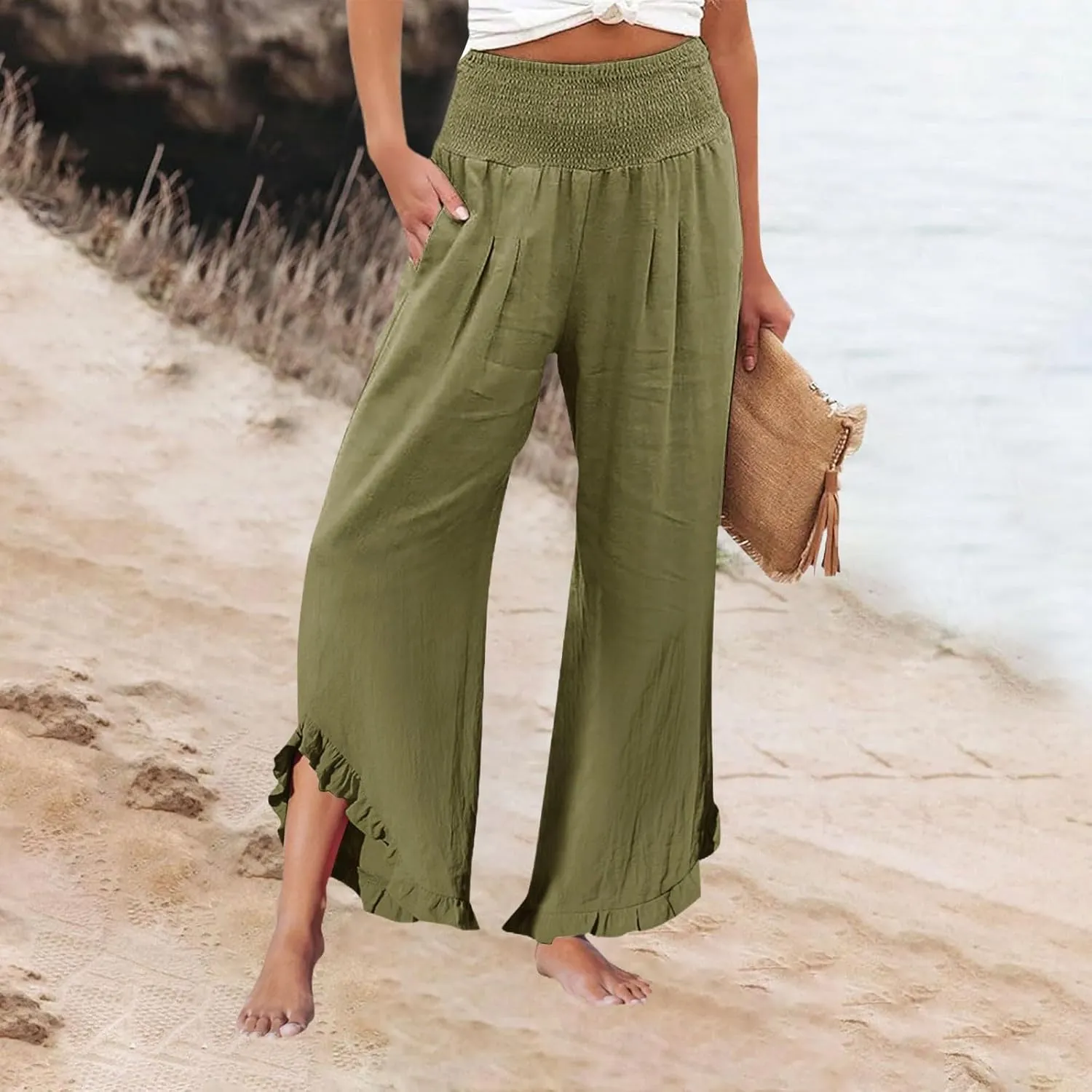 Women Linen Pants Summer Wide Leg Smocked Waist Ruffle Hem Palazzo Pant Boho Flowy Beach Trousers with Pocket