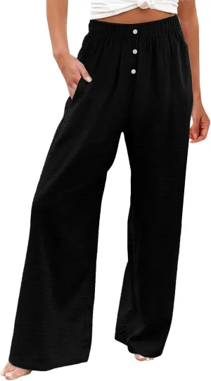 Women Smocked High Waist Straight Wide Leg Trousers Loose Fit Lounge Pants Pockets Linen Beach Flowy Dressy Palazzo