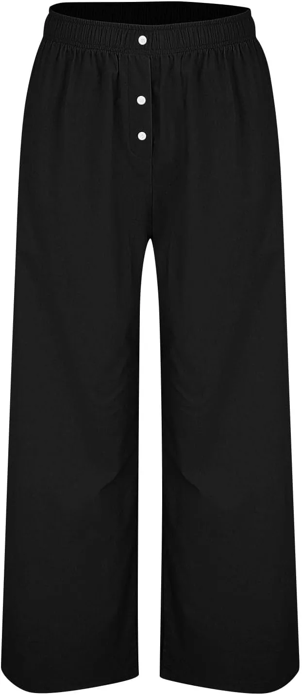 Women Smocked High Waist Straight Wide Leg Trousers Loose Fit Lounge Pants Pockets Linen Beach Flowy Dressy Palazzo