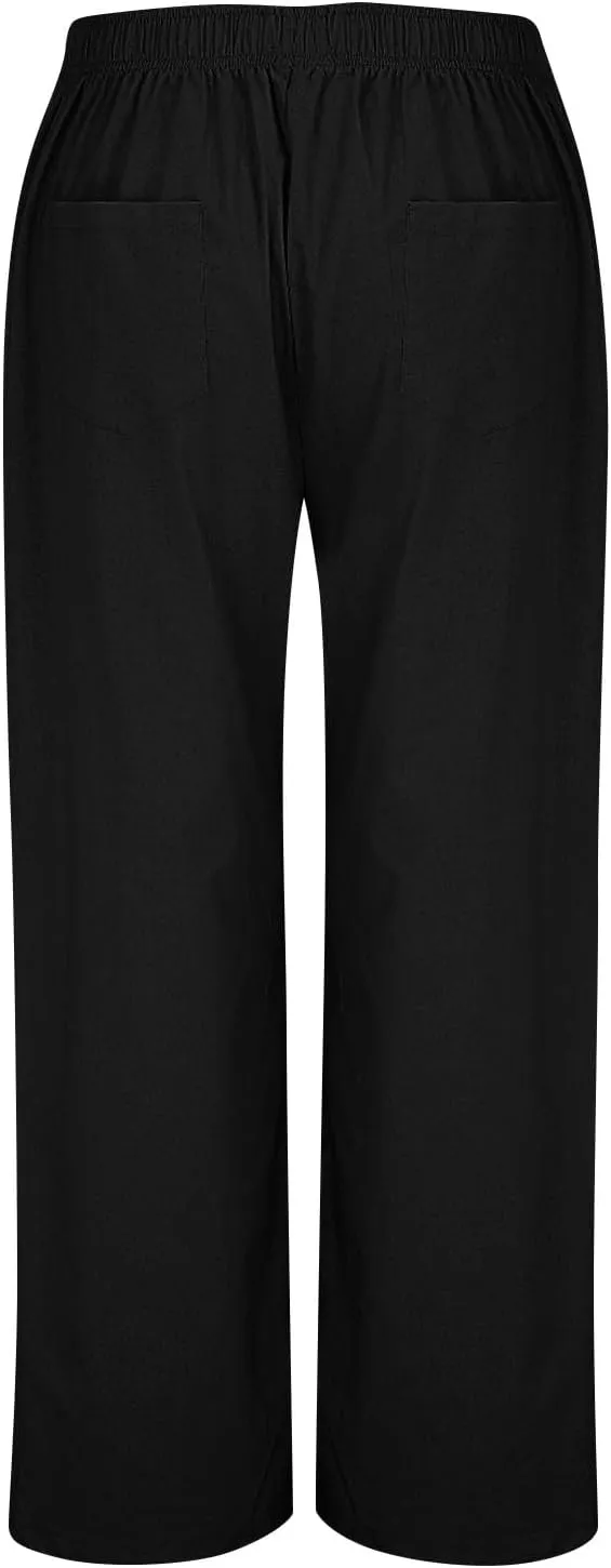 Women Smocked High Waist Straight Wide Leg Trousers Loose Fit Lounge Pants Pockets Linen Beach Flowy Dressy Palazzo