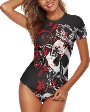 Women Swim Shirt Short Sleeve Rash Guard UV Protection Rashguard Tops Round Neck Bathing Suits