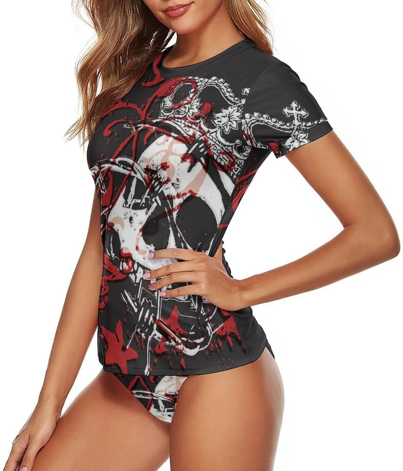 Women Swim Shirt Short Sleeve Rash Guard UV Protection Rashguard Tops Round Neck Bathing Suits