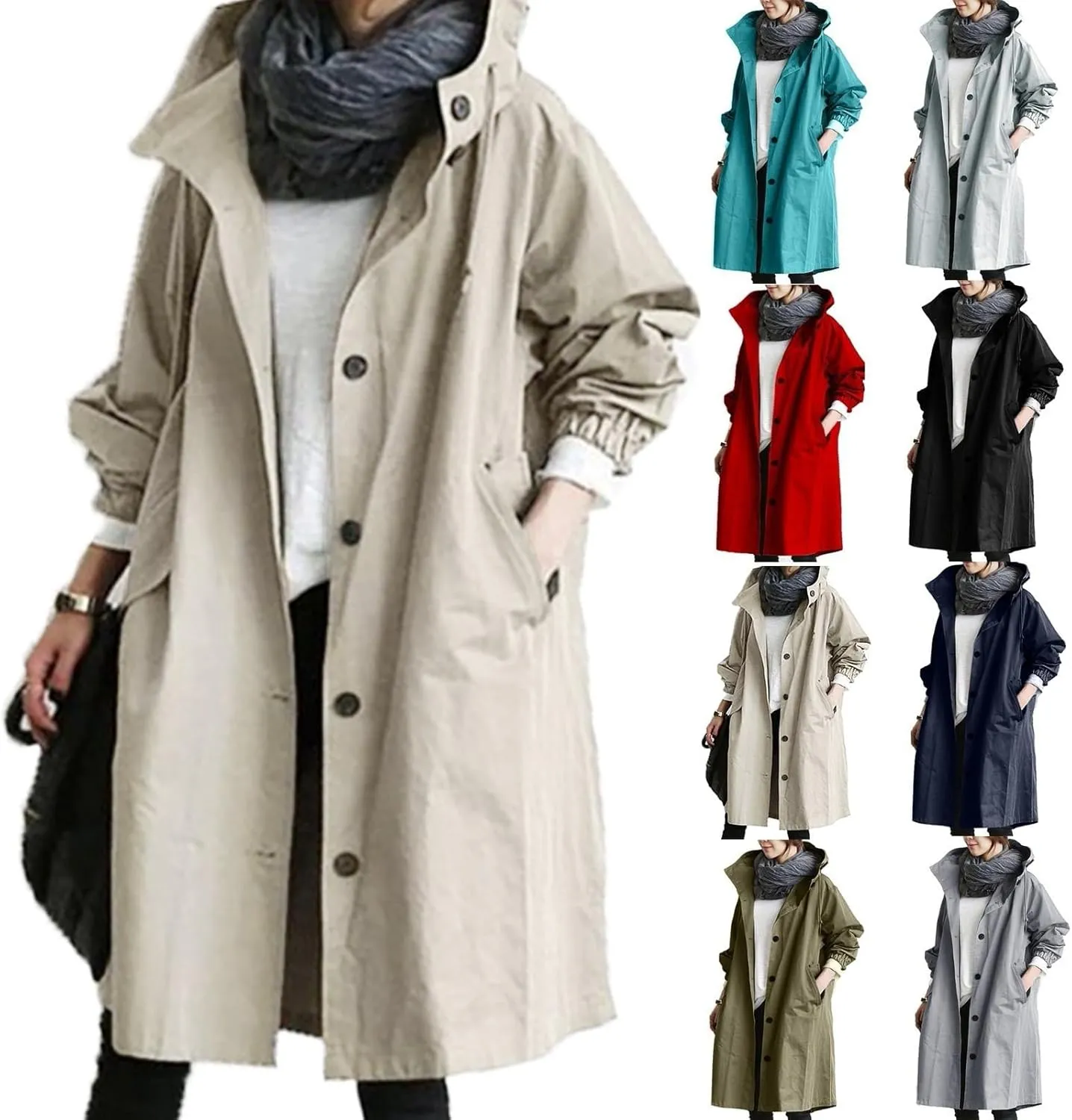 Women Trench Jacket Plus Size Button Down Hooded Long Raincoat Lightweight Casual Windbreaker Outwear with Pockets