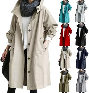 Women Trench Jacket Plus Size Button Down Hooded Long Raincoat Lightweight Casual Windbreaker Outwear with Pockets