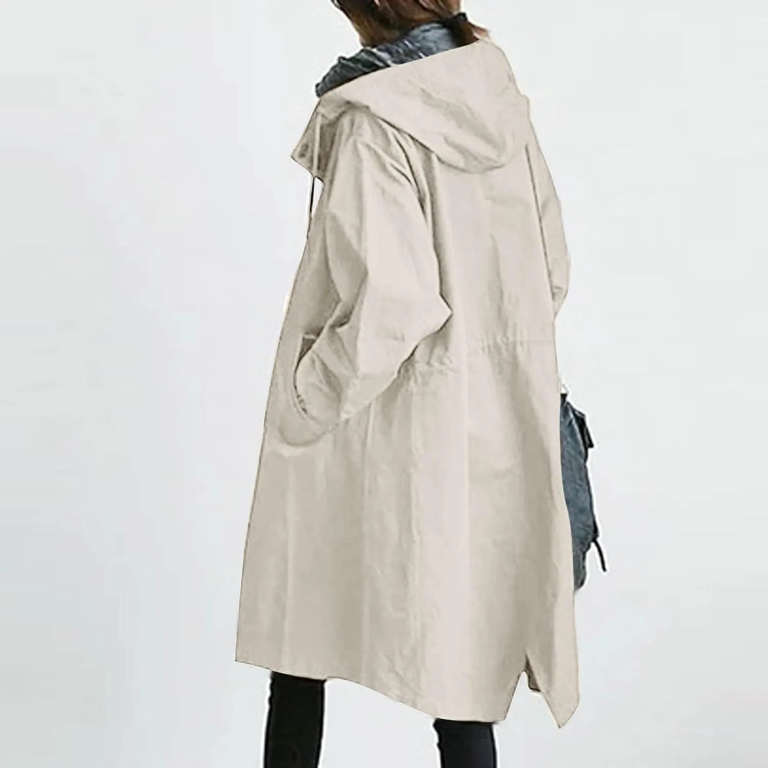 Women Trench Jacket Plus Size Button Down Hooded Long Raincoat Lightweight Casual Windbreaker Outwear with Pockets