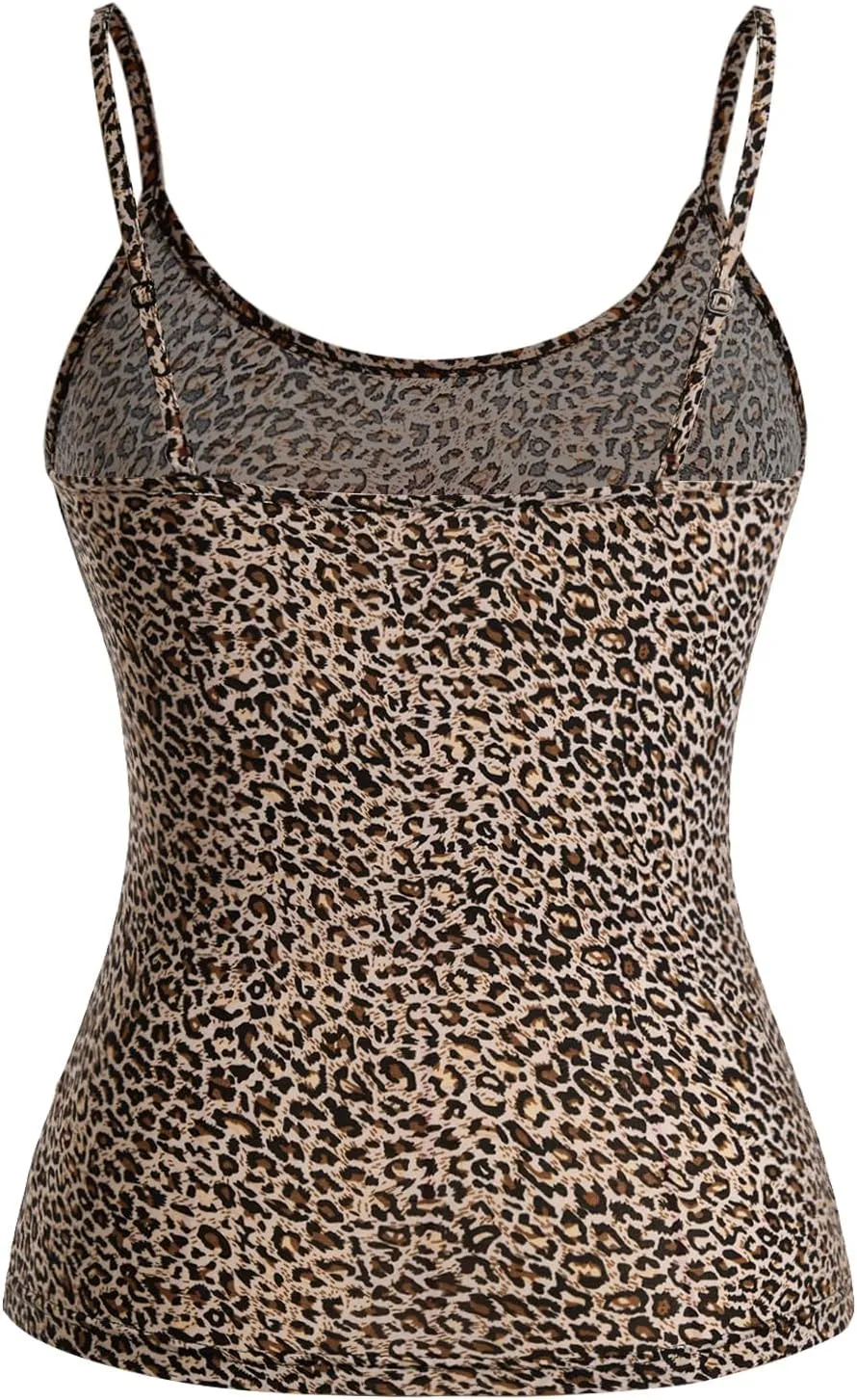 Women's 2 Pack Leopard Print Spaghetti Strap Cami Tops Slim Fit Crew Neck Sleeveless Camisole