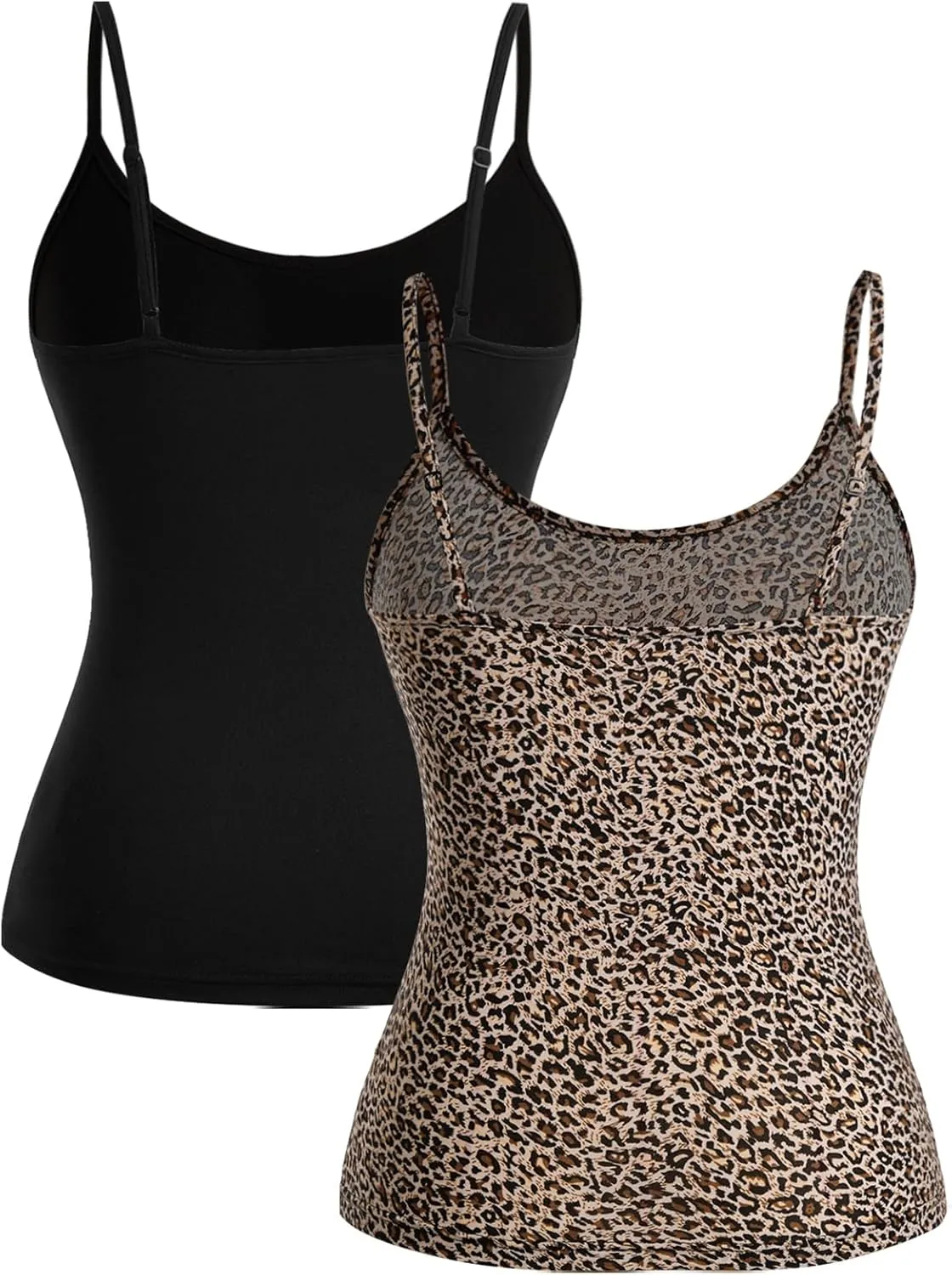 Women's 2 Pack Leopard Print Spaghetti Strap Cami Tops Slim Fit Crew Neck Sleeveless Camisole