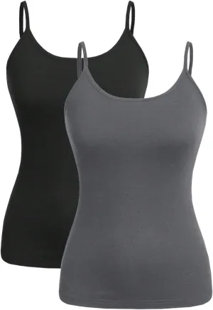 Women's 2 Pack Leopard Print Spaghetti Strap Cami Tops Slim Fit Crew Neck Sleeveless Camisole