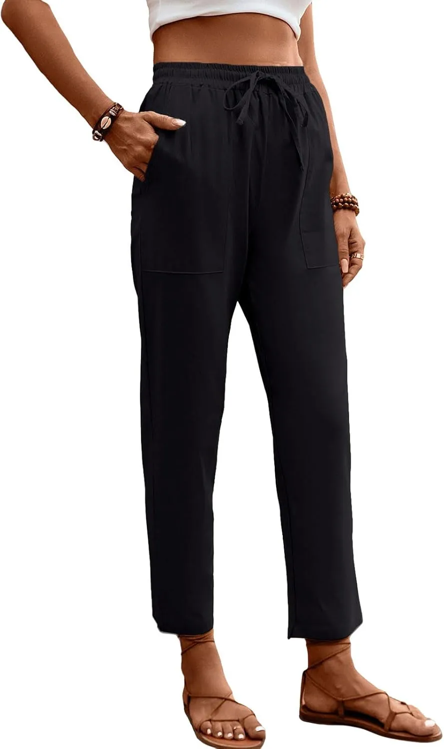 Womens Baggy Wide Leg Pants High Waist Adjustable Cotton Linen Lounge Beach Summer Trousers with Pockets