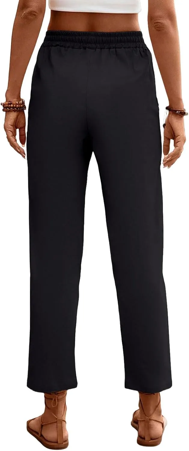 Womens Baggy Wide Leg Pants High Waist Adjustable Cotton Linen Lounge Beach Summer Trousers with Pockets