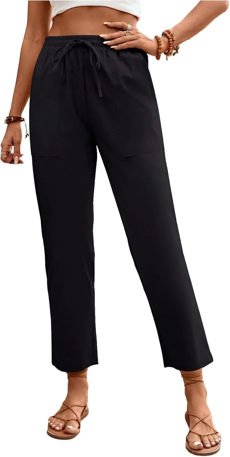 Womens Baggy Wide Leg Pants High Waist Adjustable Cotton Linen Lounge Beach Summer Trousers with Pockets
