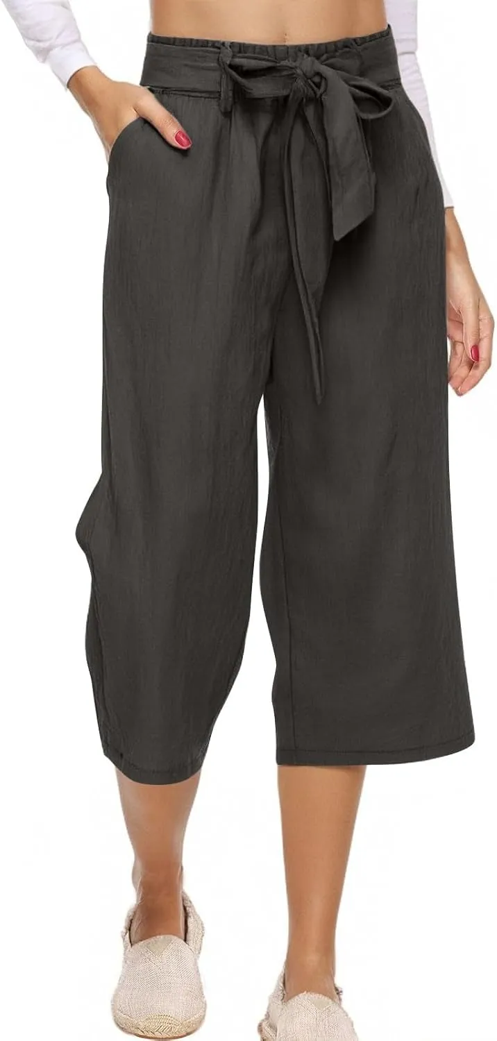 Womens Capri Pants Casual Summer Loose Wide Leg Linen Pants Trendy Tie Belt Elastic Waist Cropped Trouser with Pockets