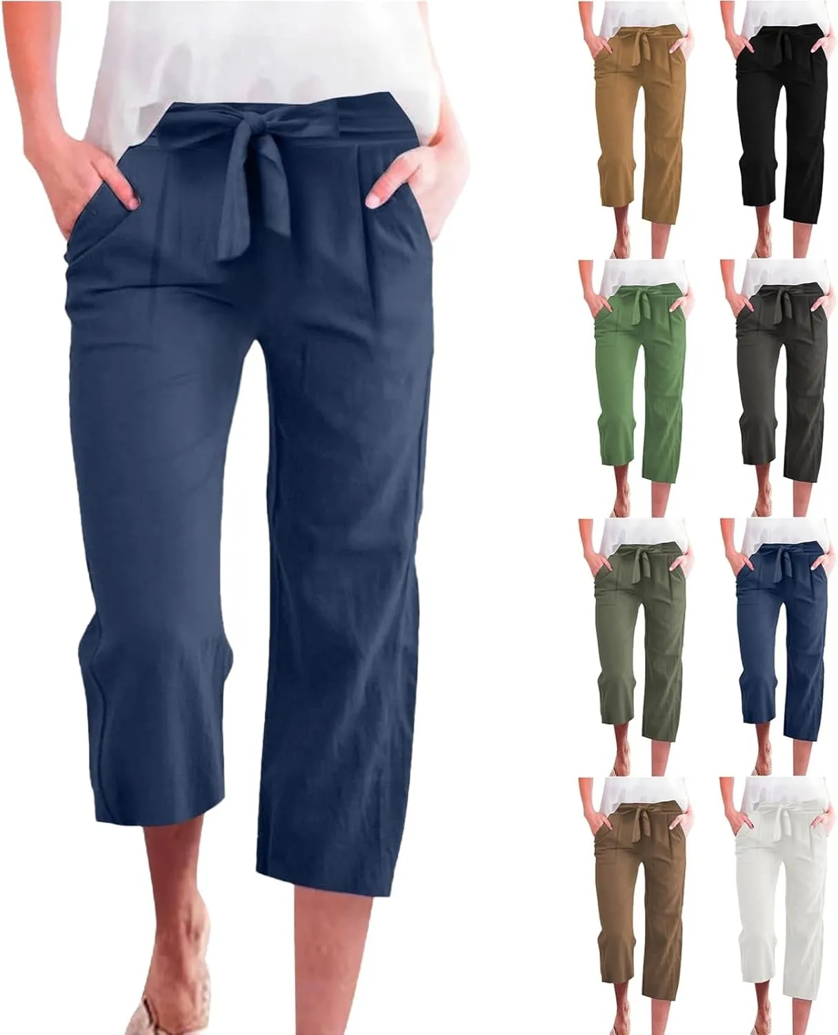 Womens Capri Pants Casual Summer Loose Wide Leg Linen Pants Trendy Tie Belt Elastic Waist Cropped Trouser with Pockets
