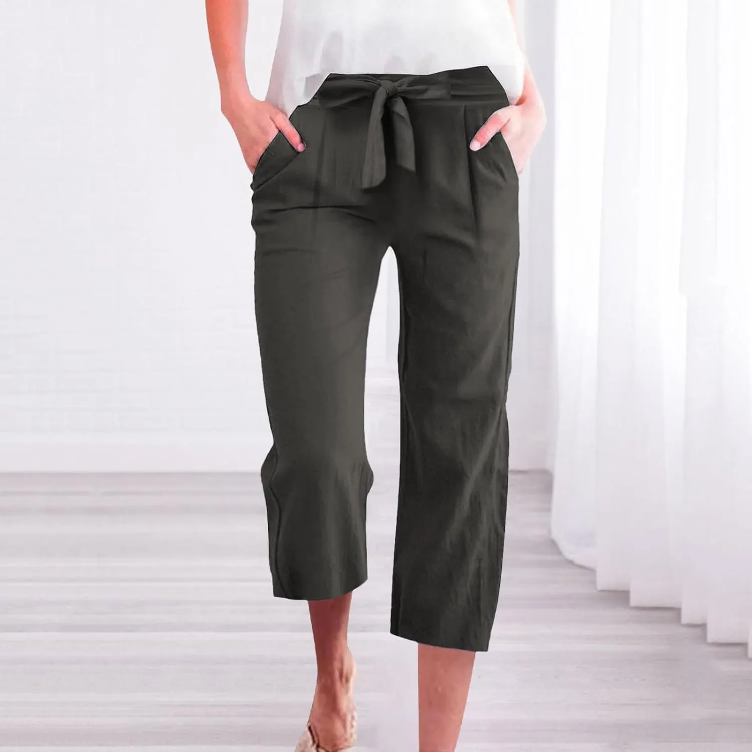 Womens Capri Pants Casual Summer Loose Wide Leg Linen Pants Trendy Tie Belt Elastic Waist Cropped Trouser with Pockets