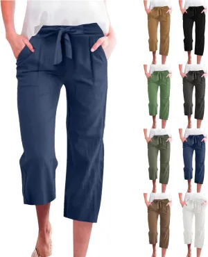 Womens Capri Pants Casual Summer Loose Wide Leg Linen Pants Trendy Tie Belt Elastic Waist Cropped Trouser with Pockets