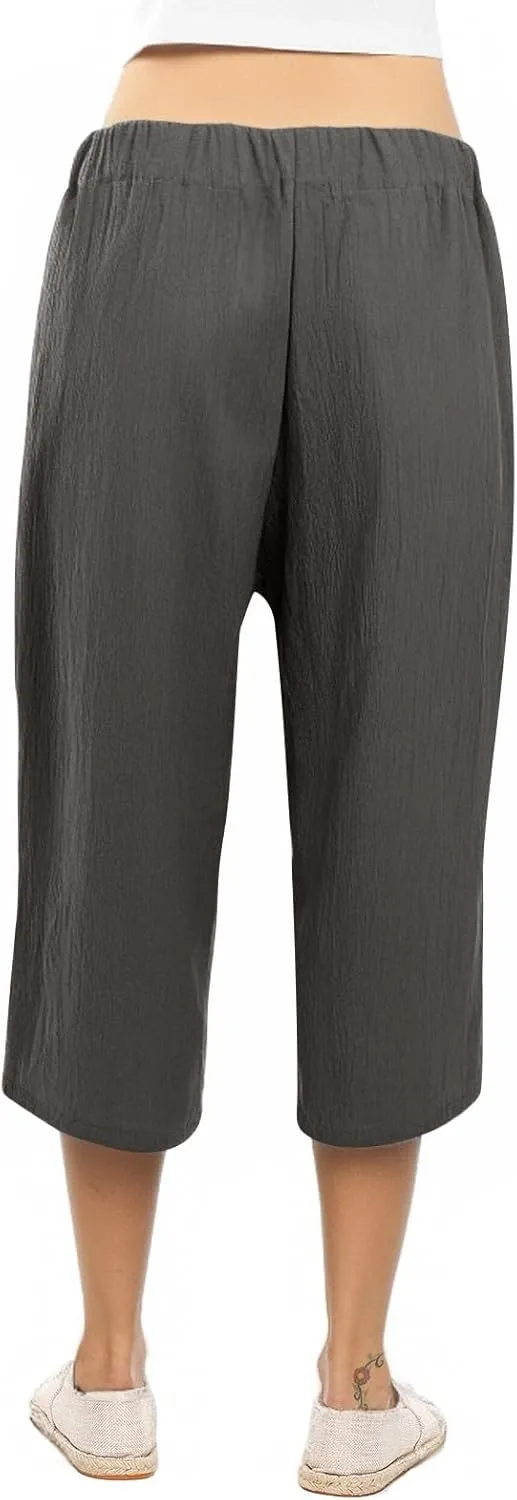 Womens Capri Pants Casual Summer Loose Wide Leg Linen Pants Trendy Tie Belt Elastic Waist Cropped Trouser with Pockets