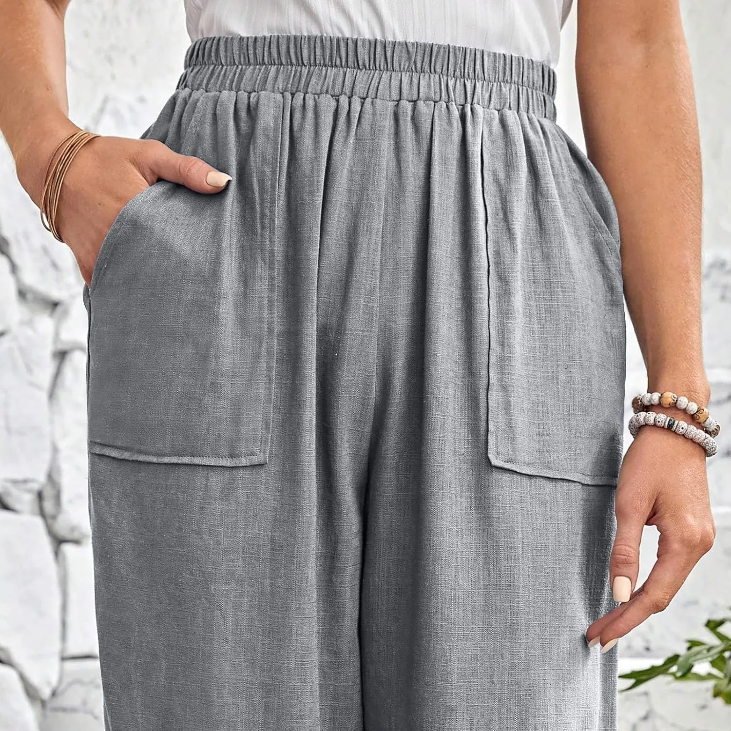 Womens Capri Pants Cotton Linen Loose Elastic High Waisted Lounge Pants Casual Palazzo Trousers with Pockets 2025