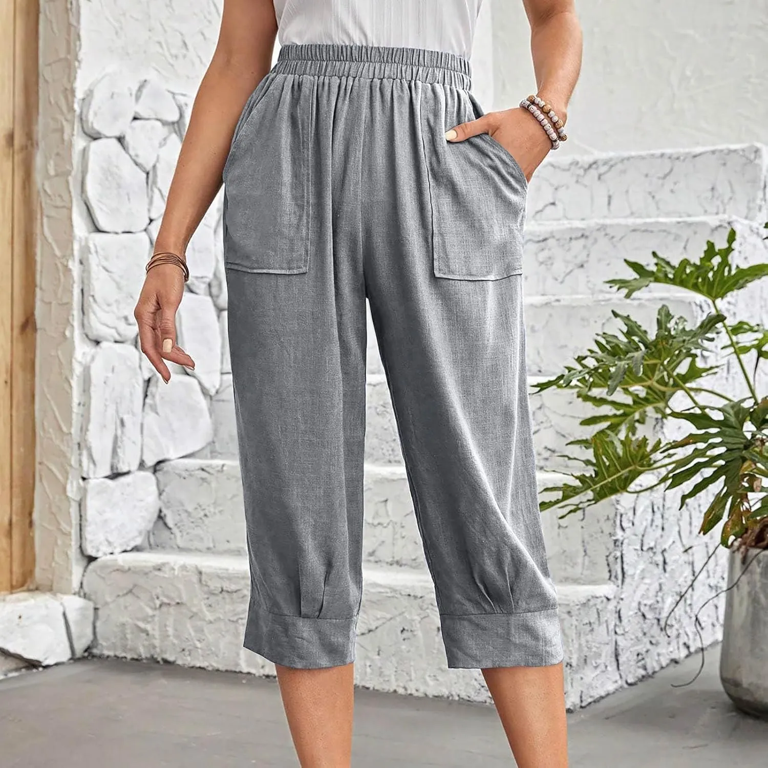 Womens Capri Pants Cotton Linen Loose Elastic High Waisted Lounge Pants Casual Palazzo Trousers with Pockets 2025
