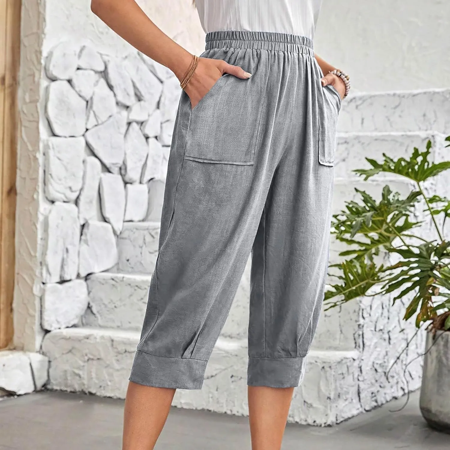 Womens Capri Pants Cotton Linen Loose Elastic High Waisted Lounge Pants Casual Palazzo Trousers with Pockets 2025