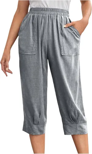 Womens Capri Pants Cotton Linen Loose Elastic High Waisted Lounge Pants Casual Palazzo Trousers with Pockets 2025